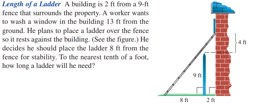 Length of a Ladder A building is \(2 ft\) from a ...