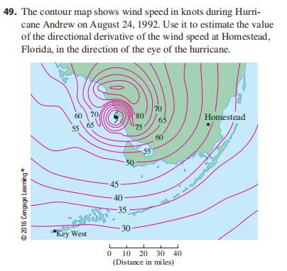 49. The contour map shows wind speed in knots duri...