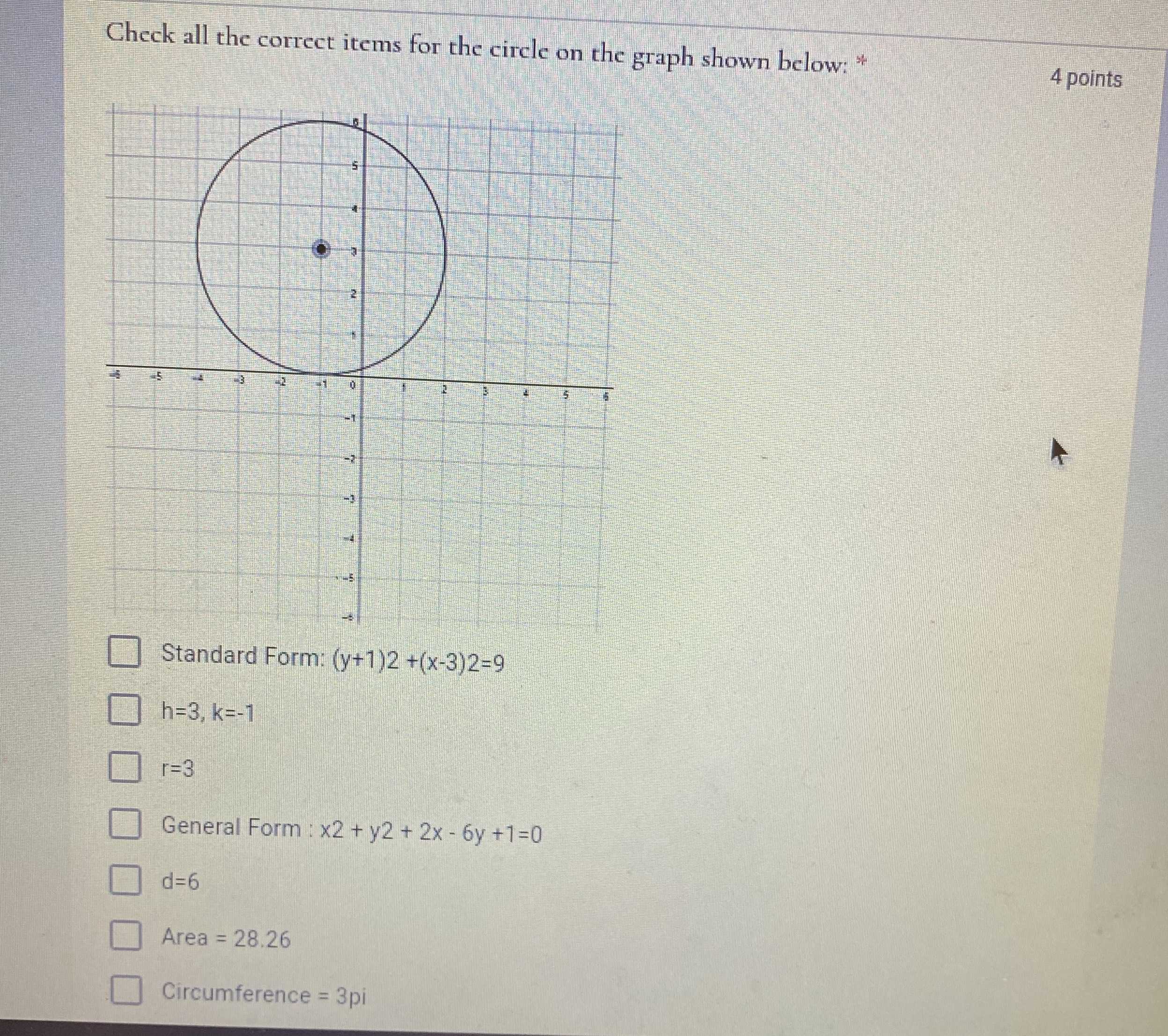 Check all the correct items for the circle on the ...