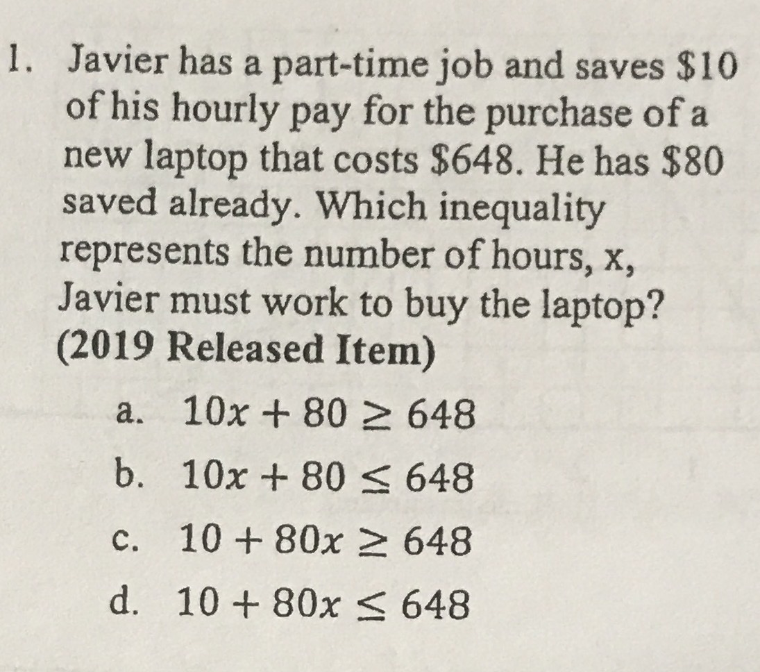 1. Javier has a part-time job and saves \( \$ 10 \...
