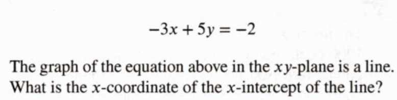 \(- 3 x + 5 y = - 2\)The graph of the equation abo...