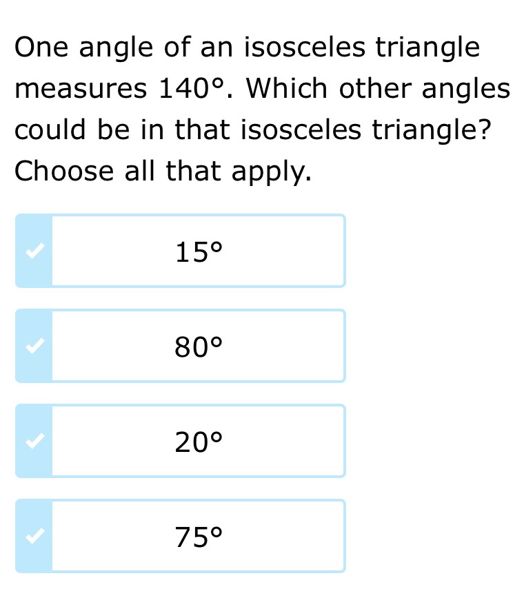 One angle of an isosceles triangle measures 140°. CameraMath