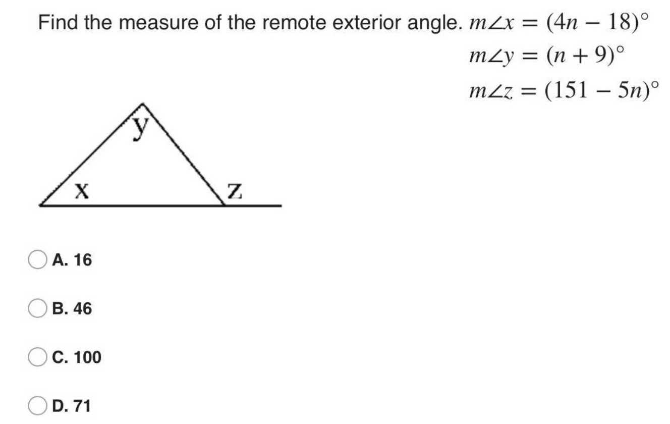 Find the measure of the remote exterior angle. \( ...