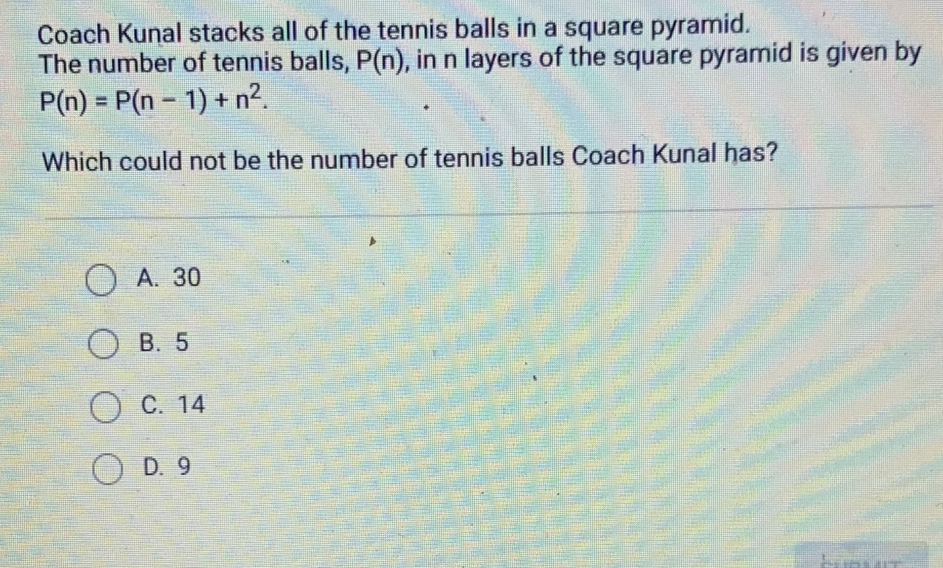 Coach Kunal stacks all of the tennis balls in a square pyramid. The