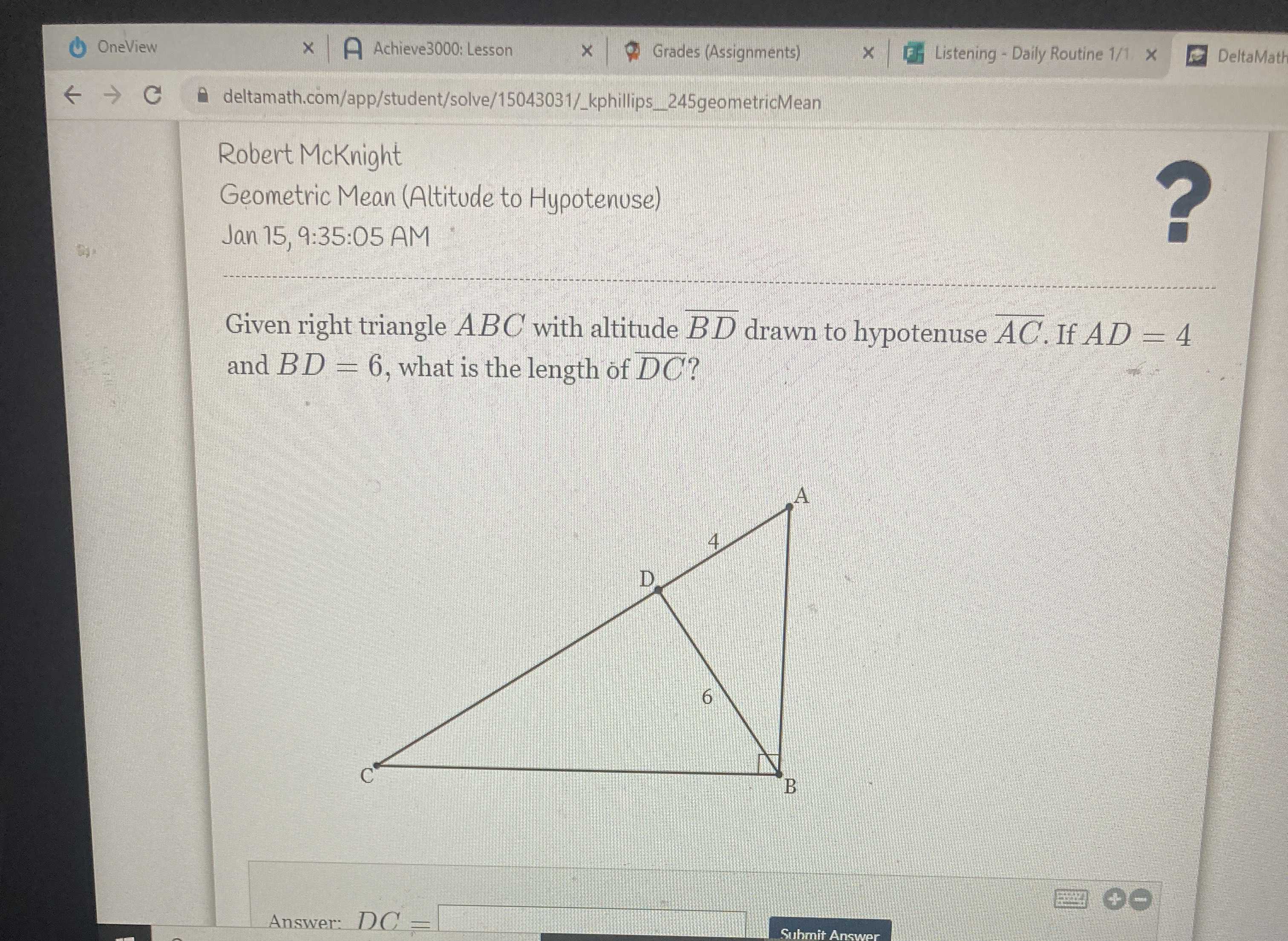 Given Right Triangle A B C With Altitude Cameramath 9679