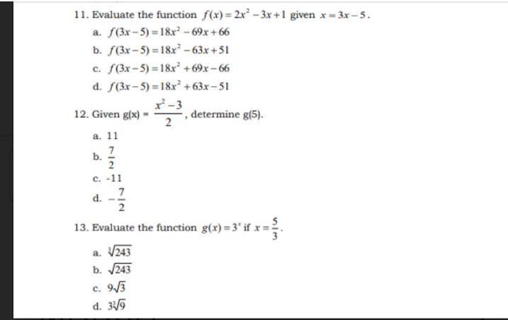 11. Evaluate the function \( f ( x ) = 2 x ^ { 2 }...