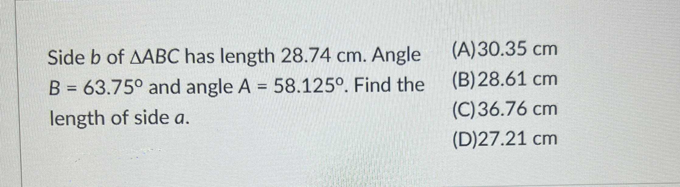 Side \(b\) of \(\triangle A B C\) has length \(28....