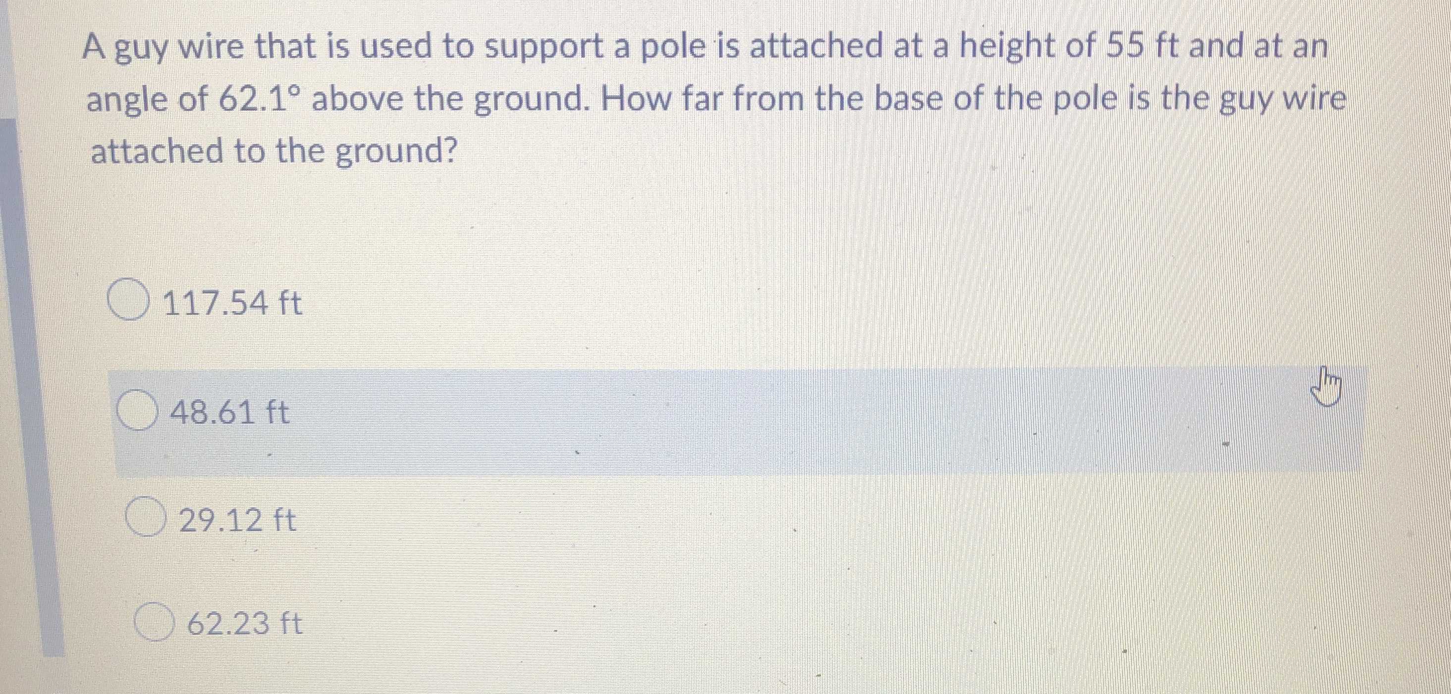 A guy wire that is used to support a pole is attac...