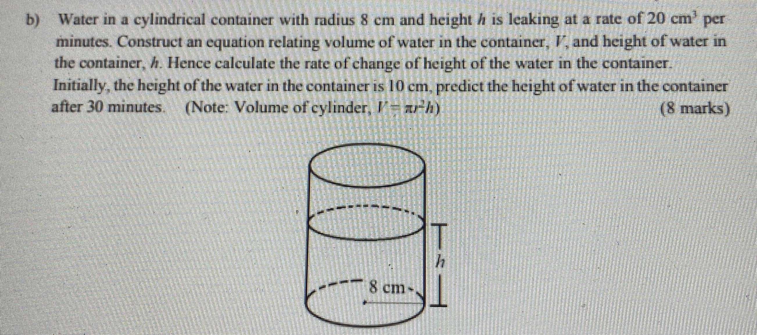 Water in a cylindrical container with radius \( 8 ... - CameraMath