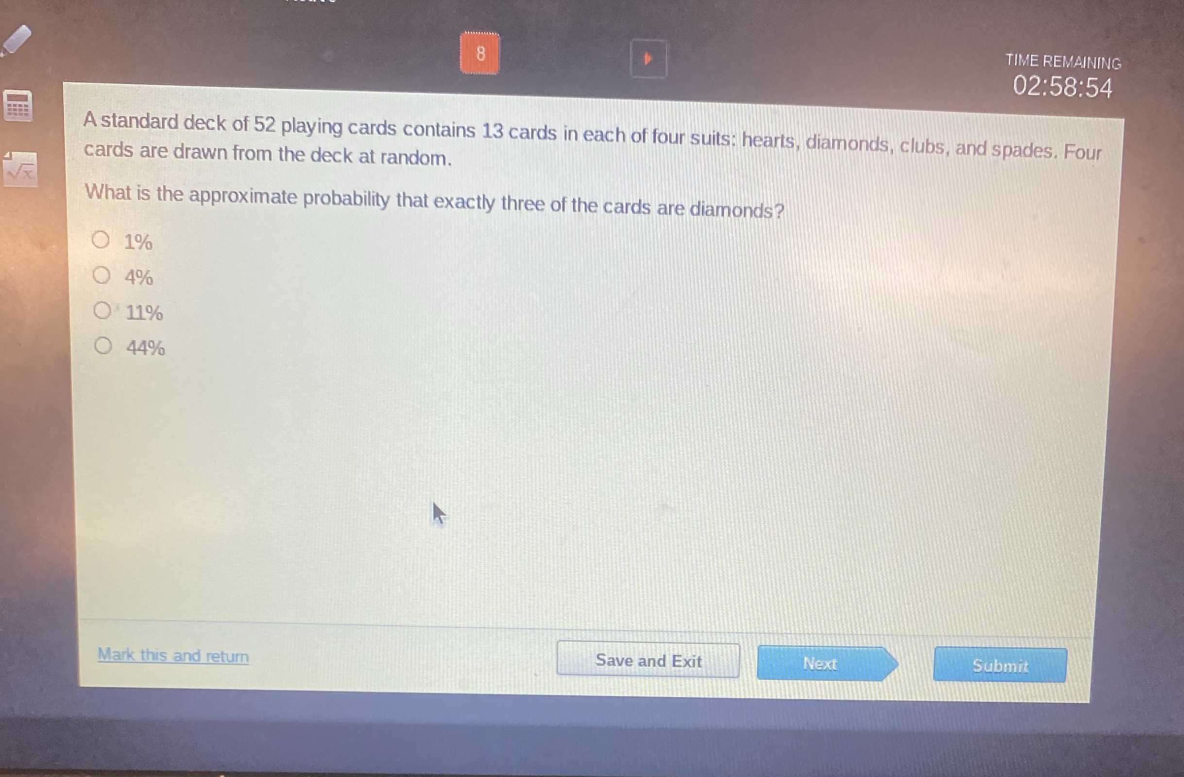 A standard deck of 52 playing cards contains 13 cards in each of four suits hearts, diamonds