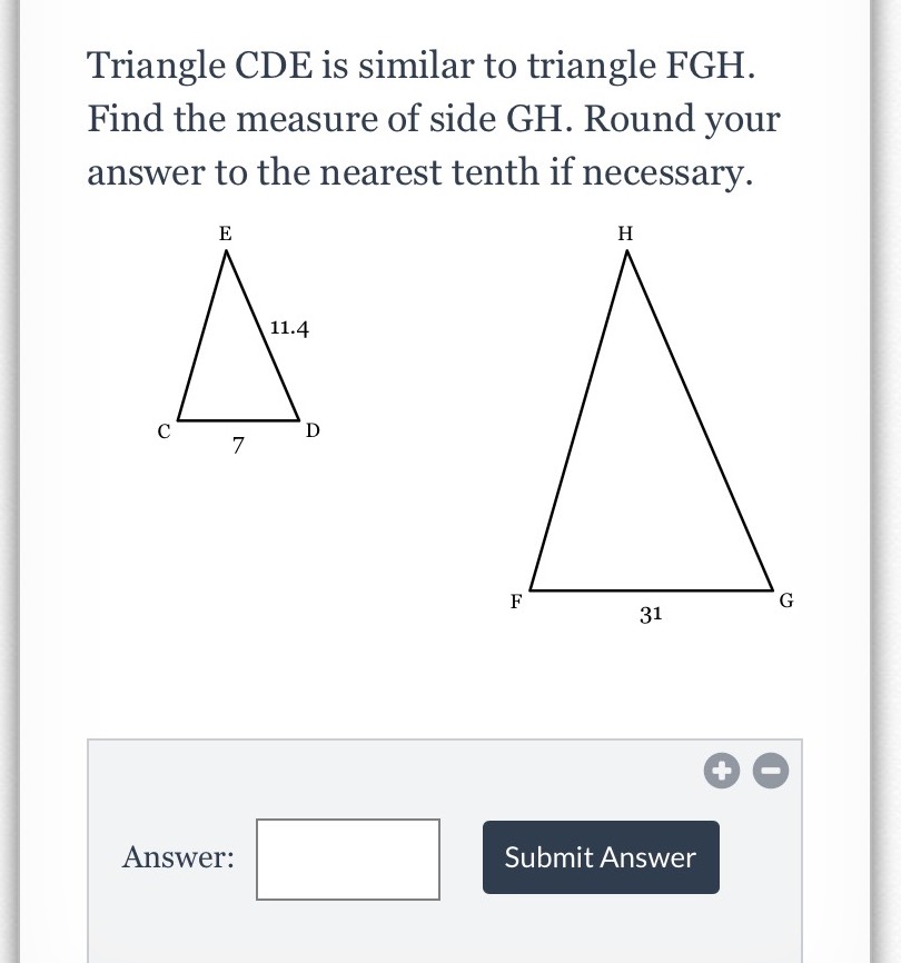 Triangle CDE is similar to triangle FGH. Find the...