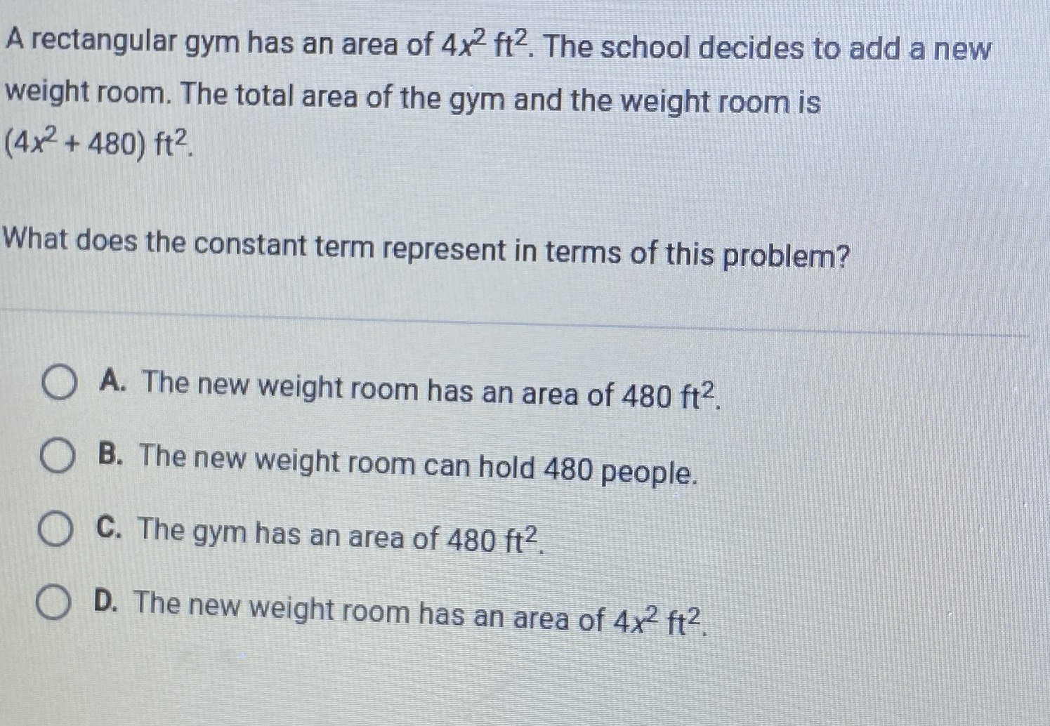 A rectangular gym has an area of \( 4 x ^ { 2 } ft...