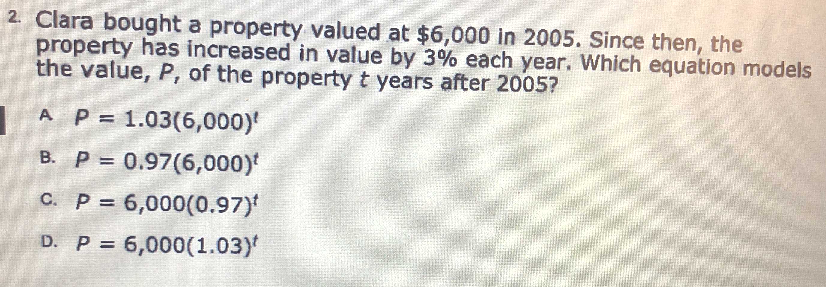 2. Clara bought a property valued at \( \$ 6,000 \...