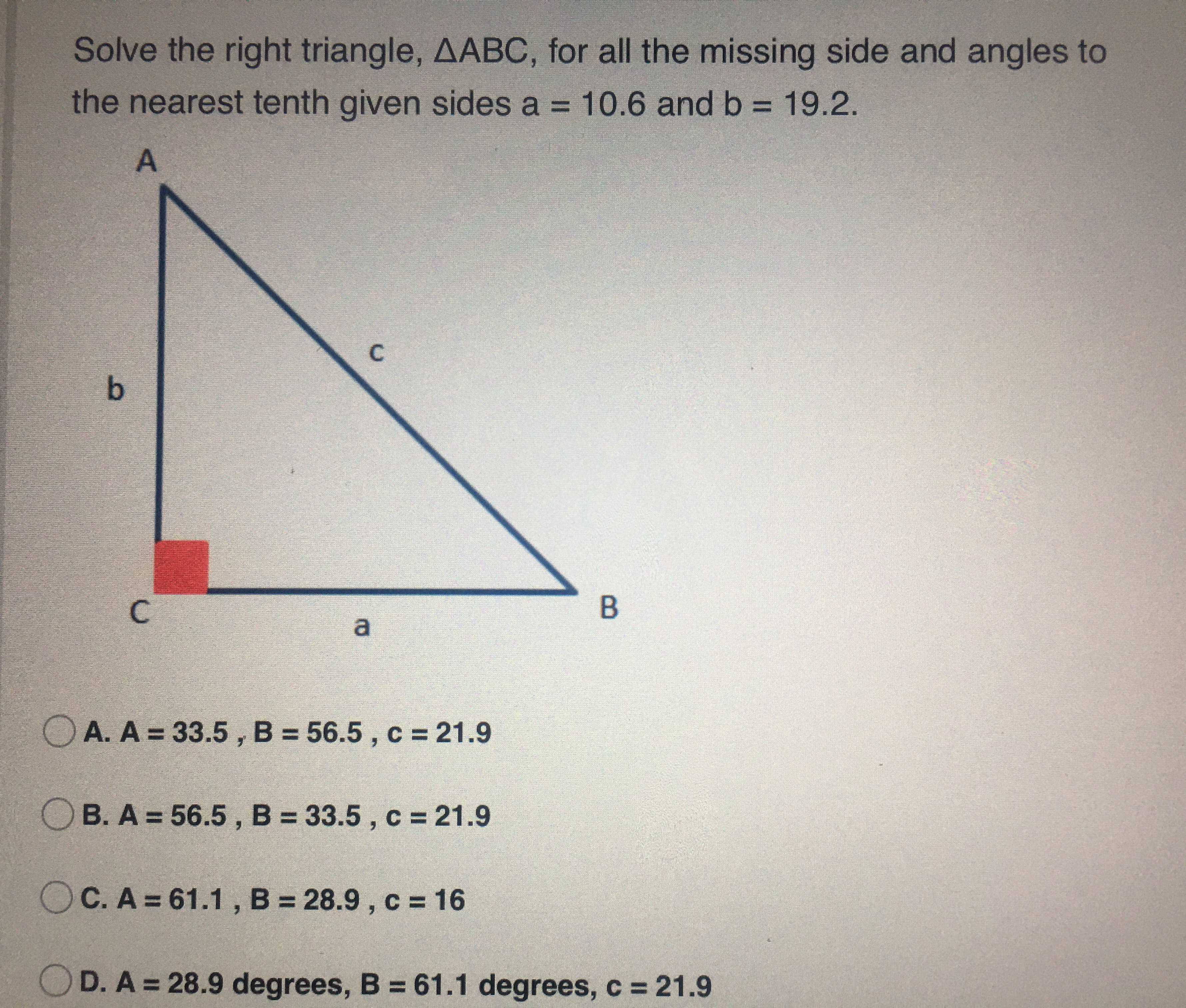 Solve The Right Triangle Triangle Abc Fo Cameramath 0149