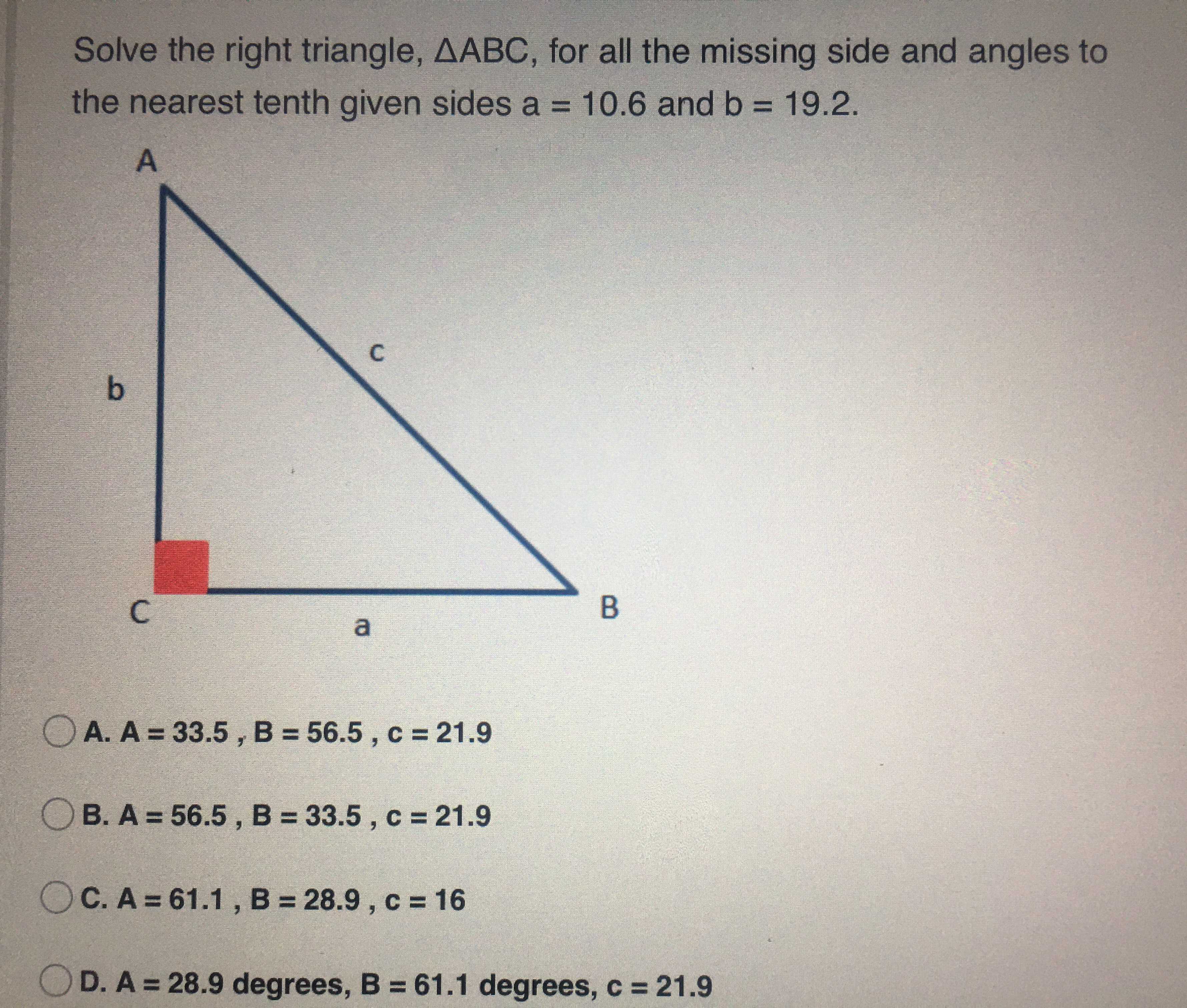 Solve The Right Triangle Triangle Abc Fo Cameramath 5425