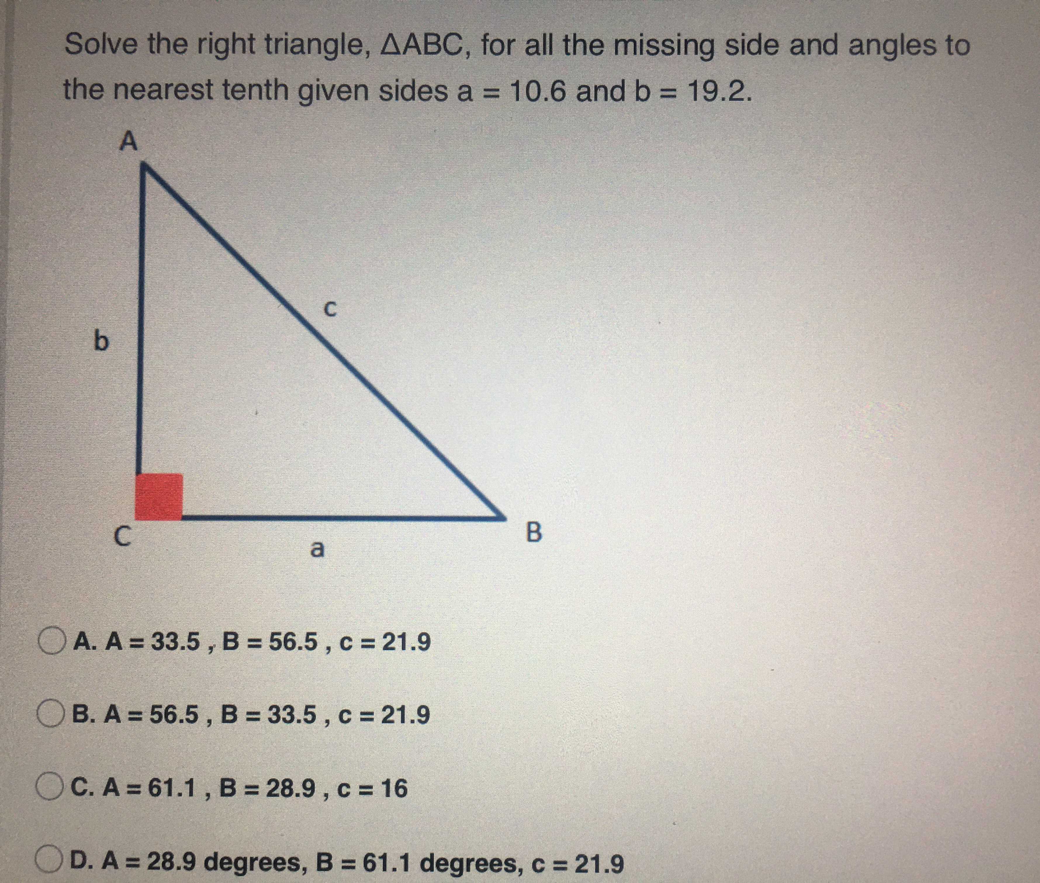 Solve The Right Triangle triangle ABC Fo CameraMath
