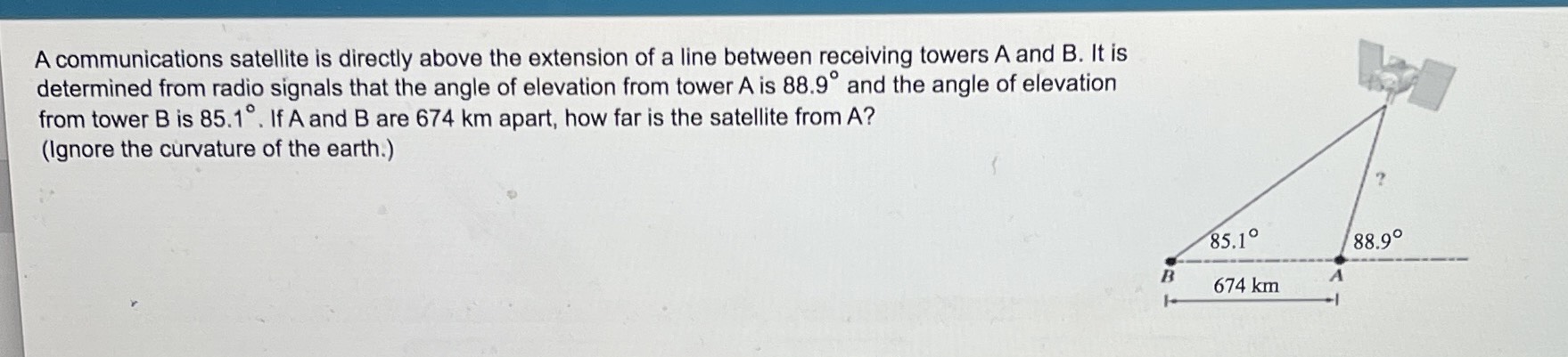 A communications satellite is directly above the extension of a line ...