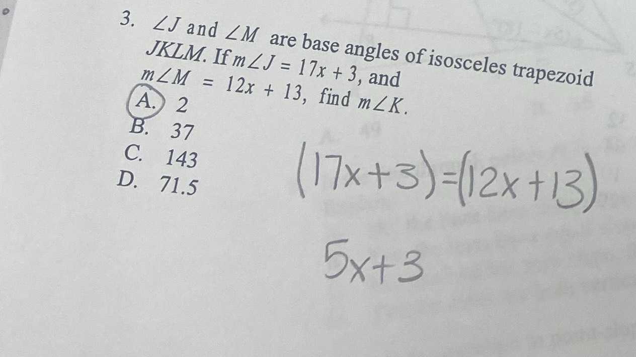 3. \( \angle J \) and \( \angle M \) are base angl...