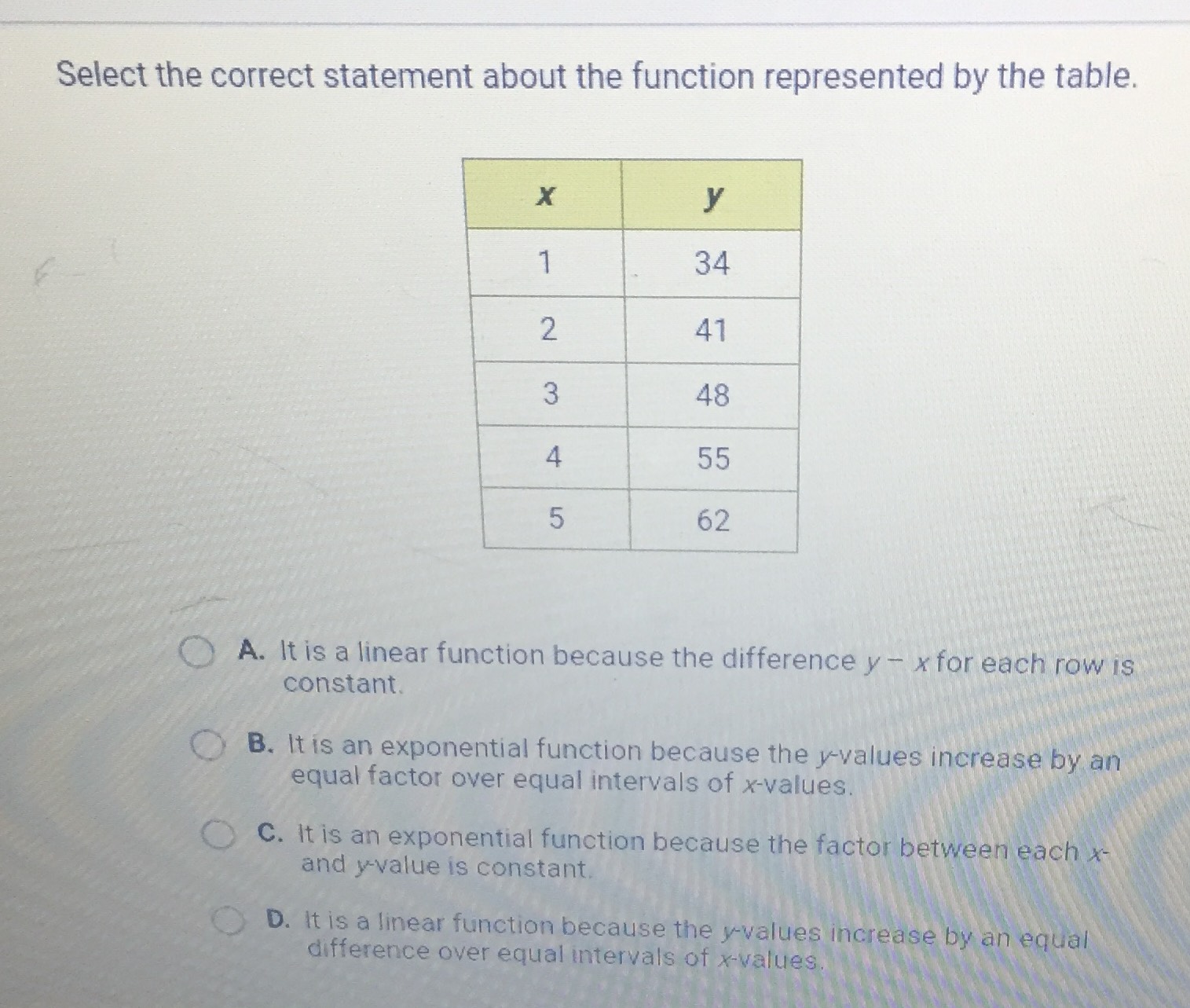 Select the correct statement about the function re...