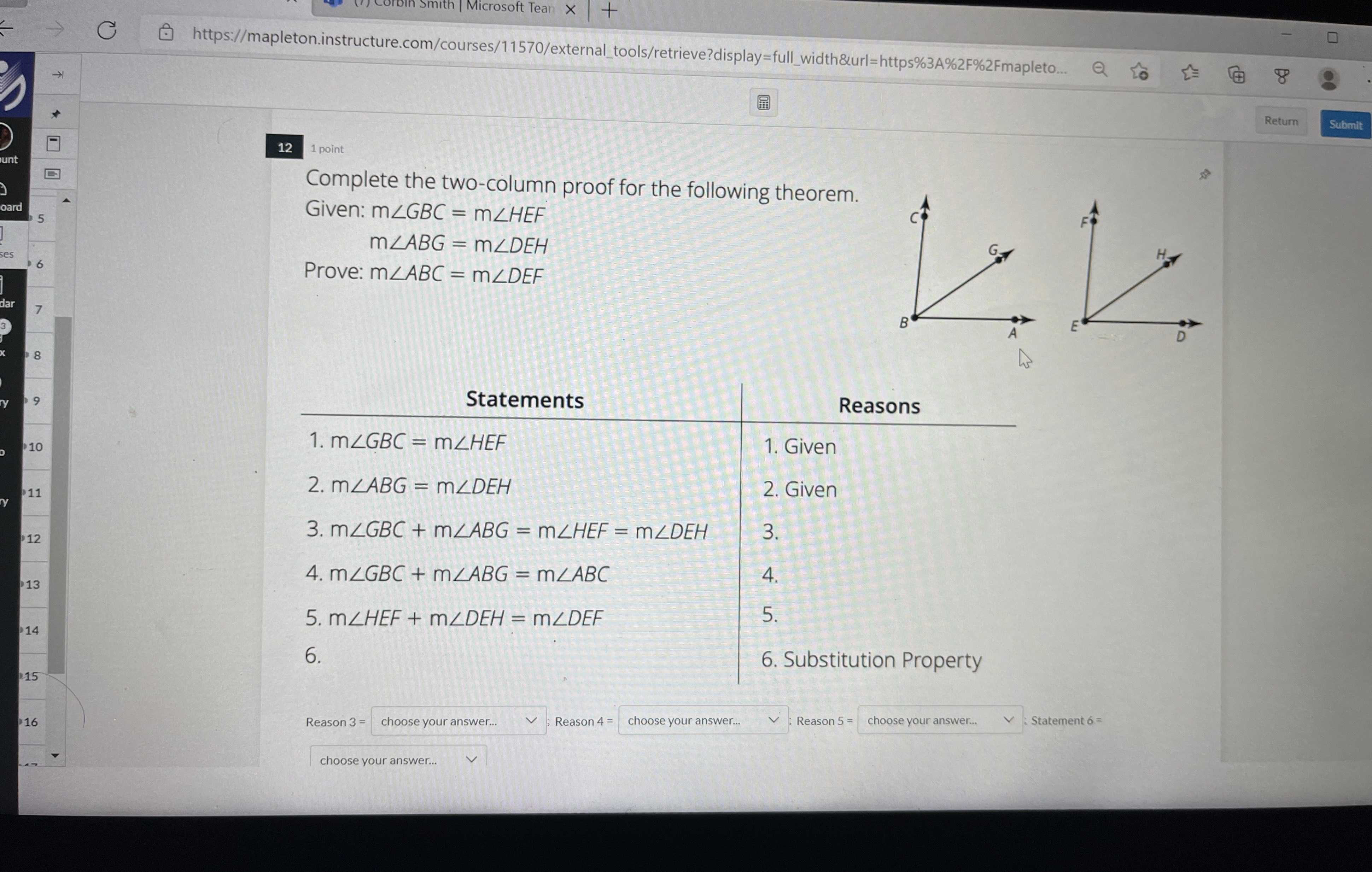 Complete the two column proof for the following th cameramath