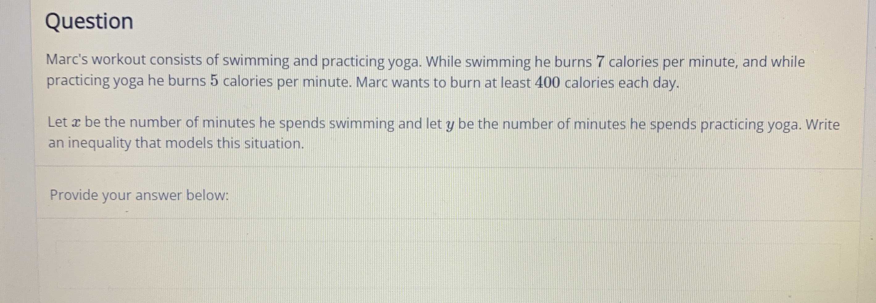 Question Marc's workout consists of swimming and p...