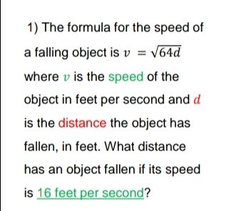 1) The formula for the speed of a falling object i...