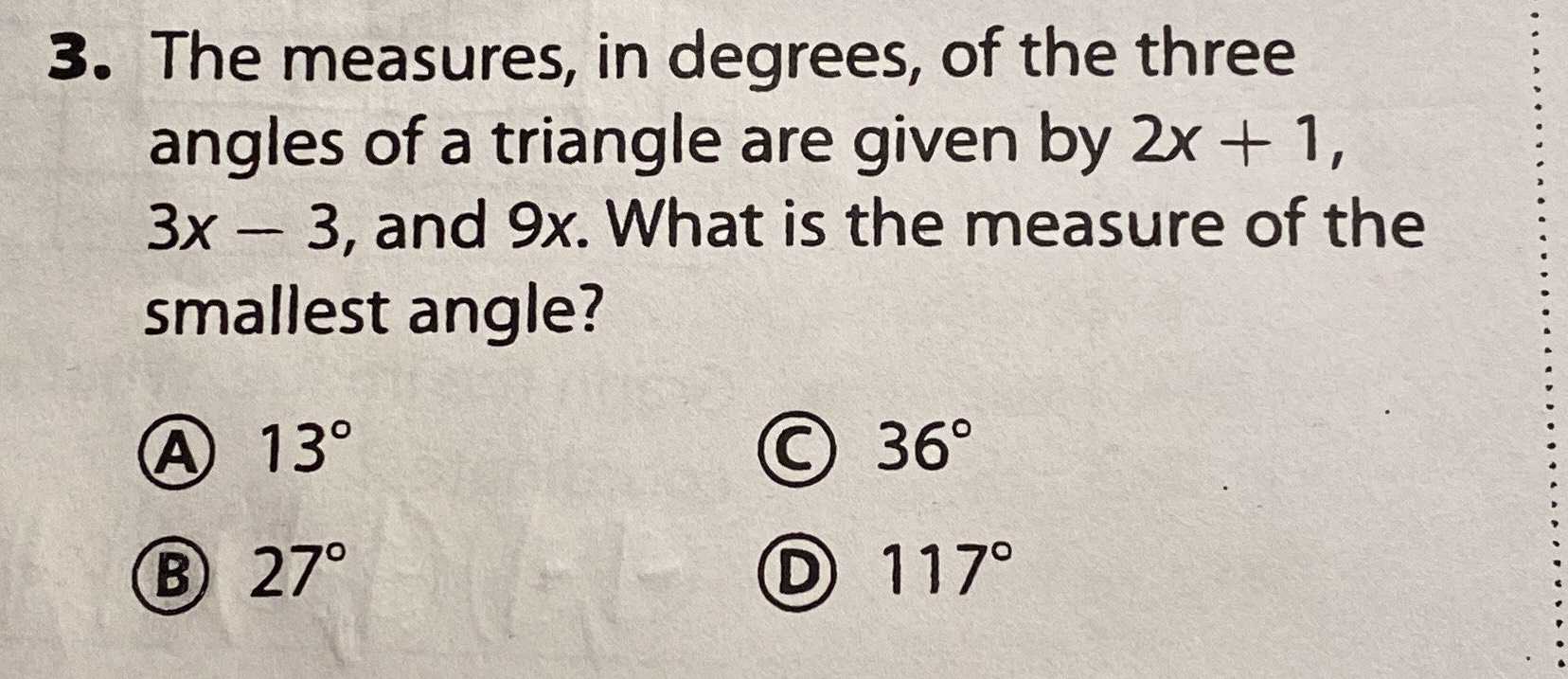 The measures, in degrees, of the three angles of a...