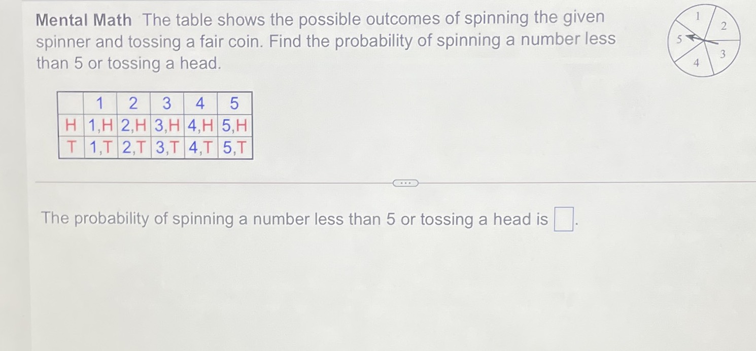 Mental Math The table shows the possible outcomes ... - CameraMath