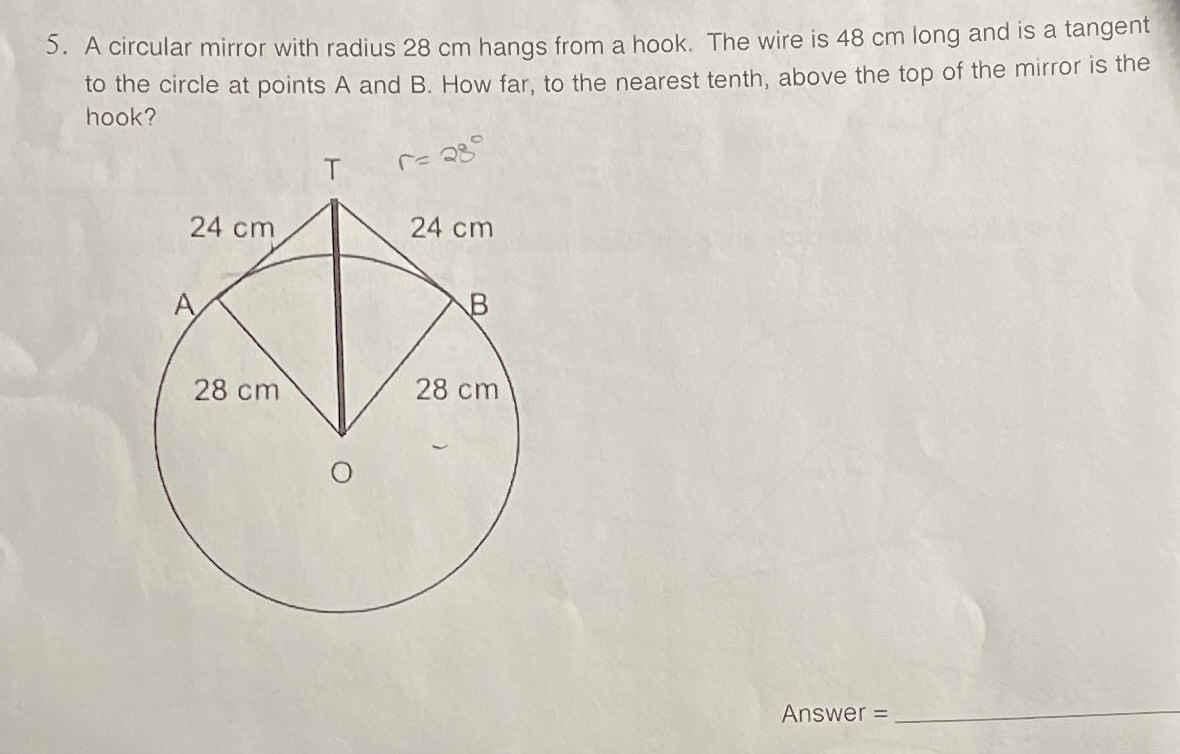 A circular mirror with radius \( 28 cm \) hangs fr... CameraMath