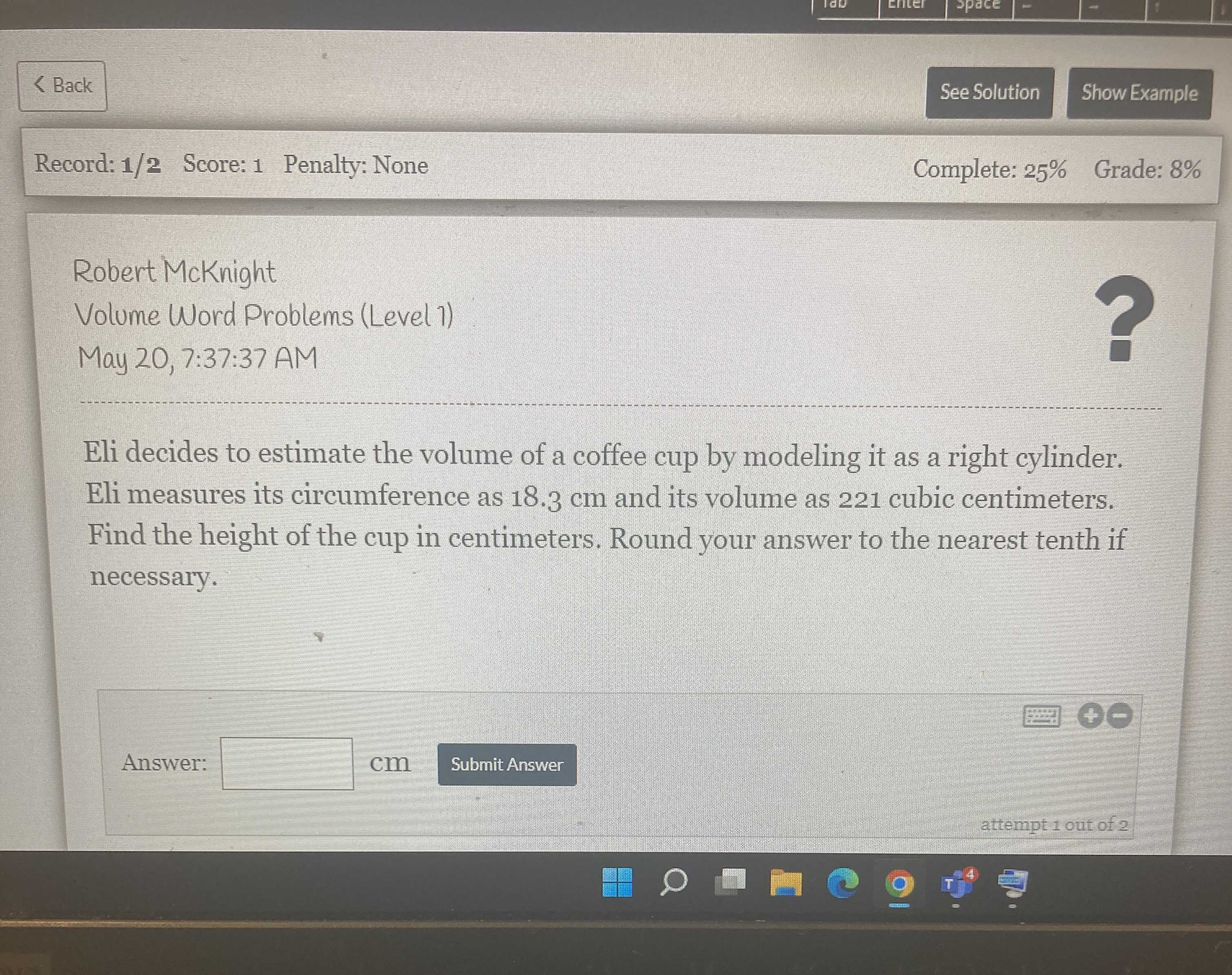 Lateral Area, Total Area, and Volume of a Coffee Cup 