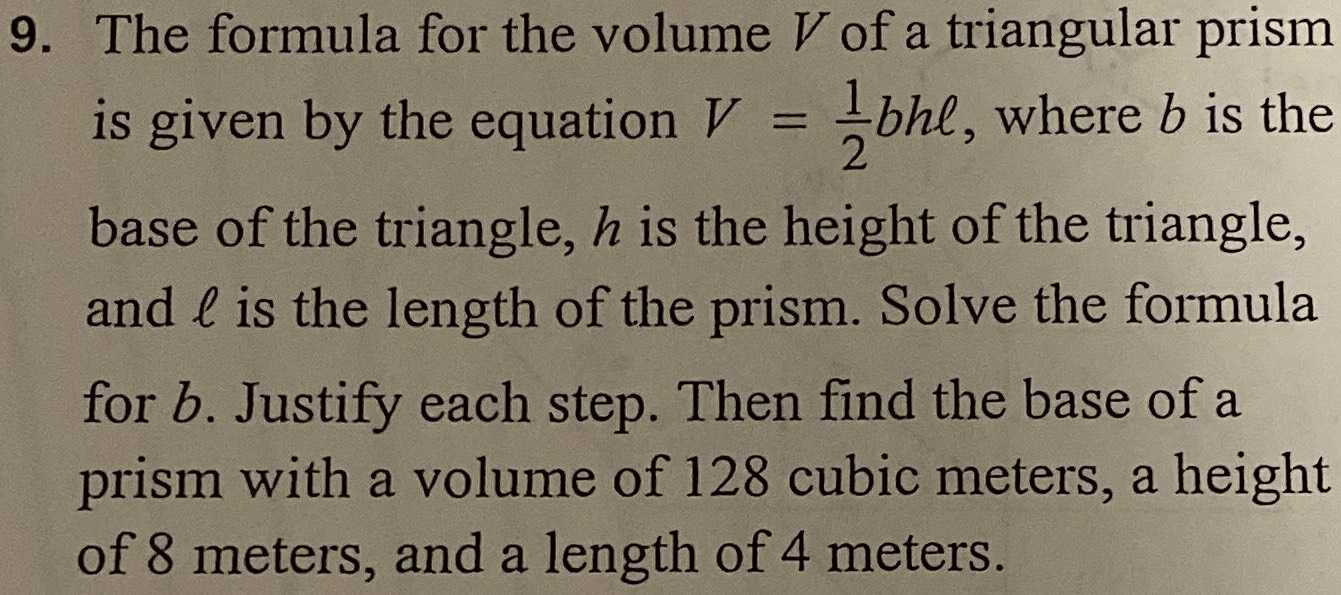 9. The formula for the volume \( V \) of a triangu...