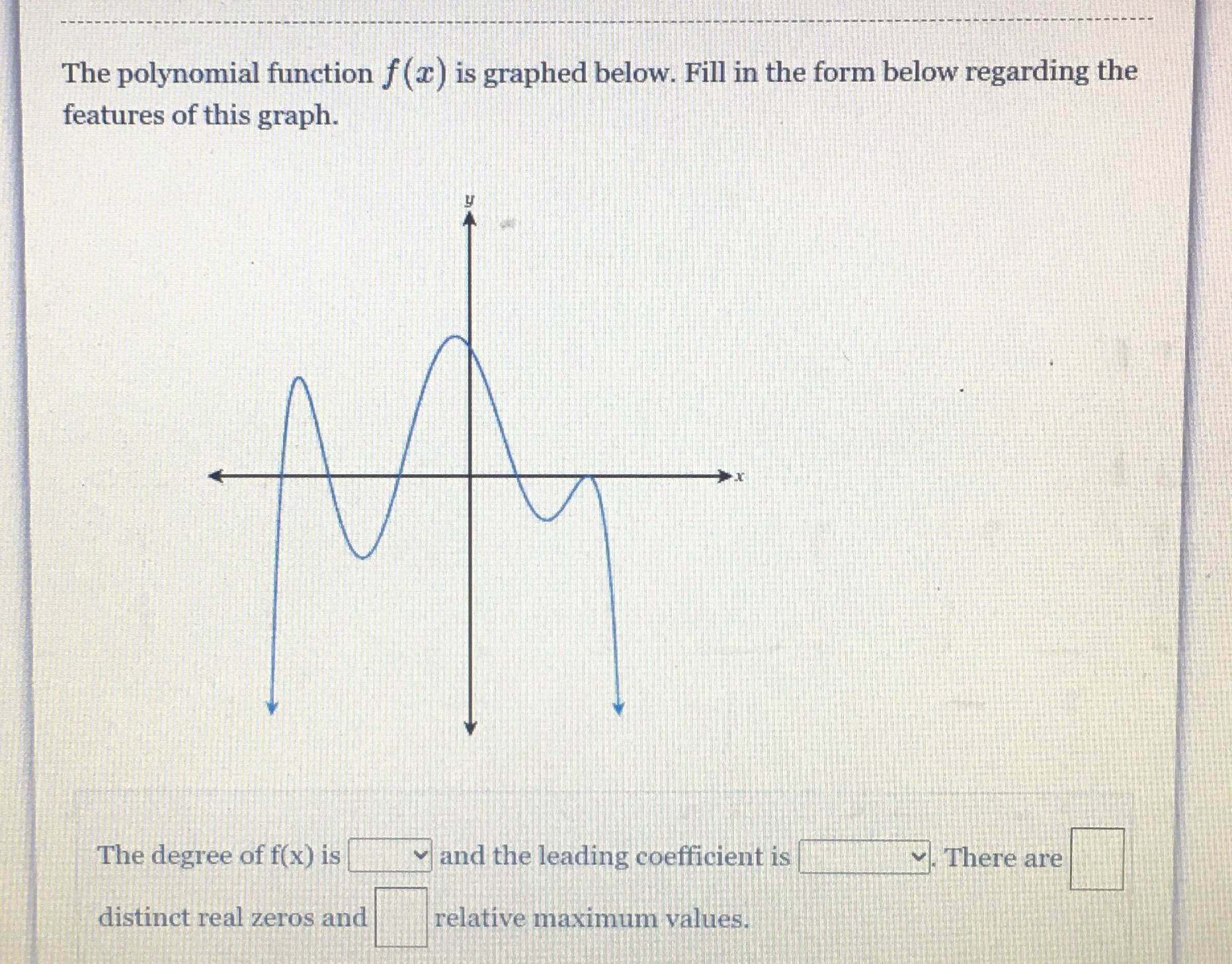 The polynomial function \( f ( x ) \) is graphed b...