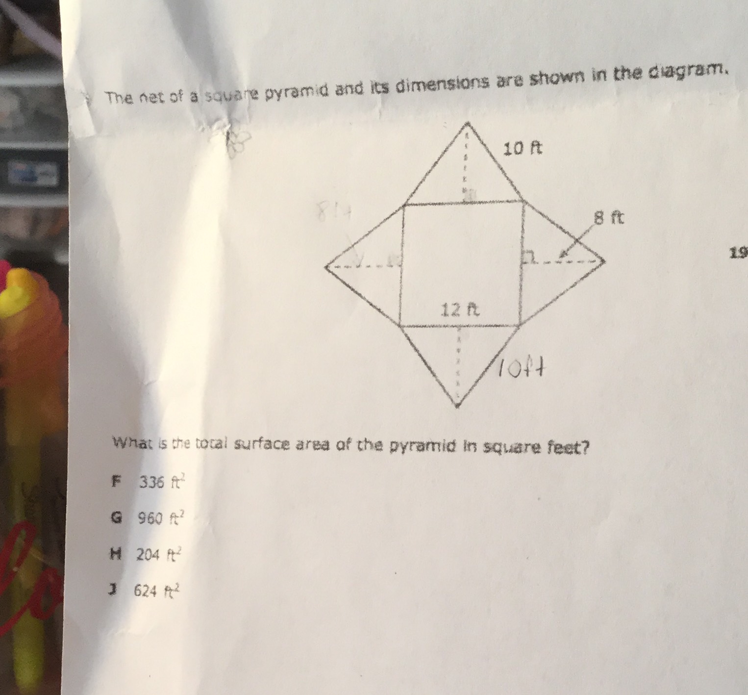 The net of a square pyramid and its dimensions are shown in the diagram ...