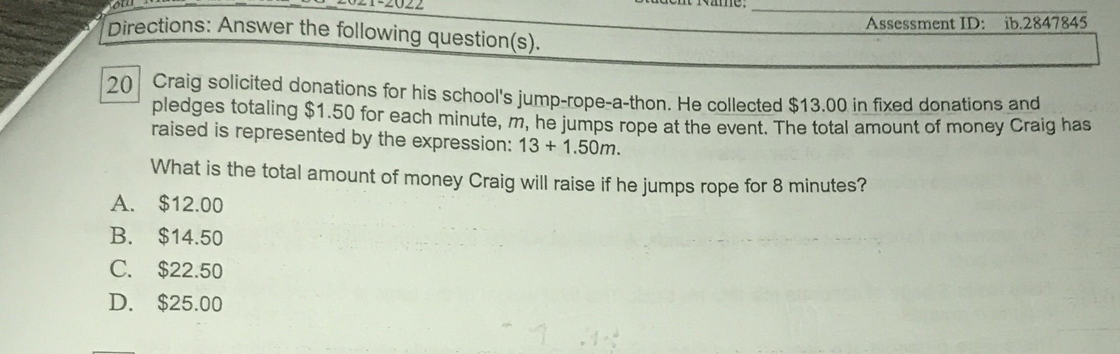 \( 20 \) Craig solicited donations for his school'...