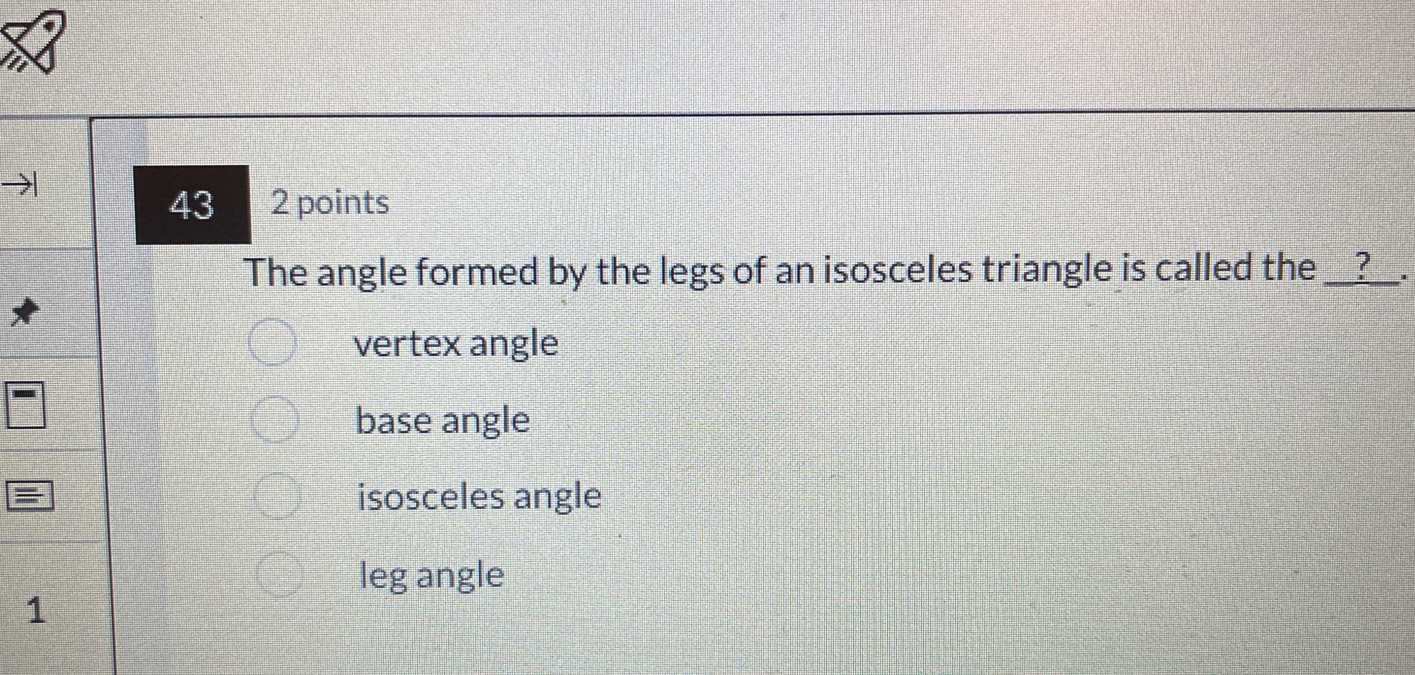 The angle formed by the legs of an isosceles trian...