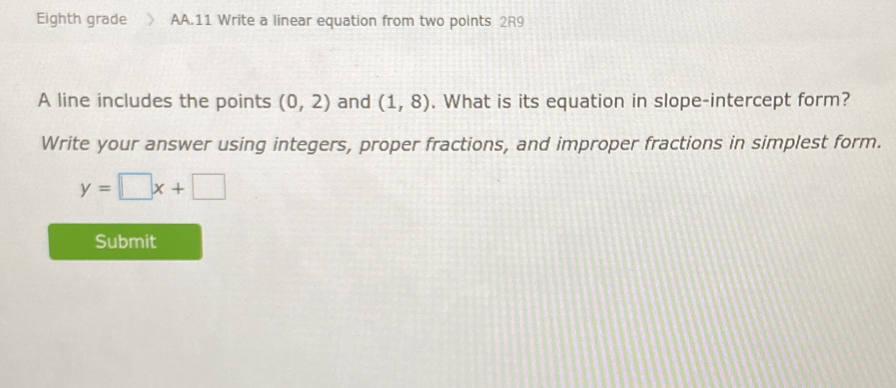 A line includes the points \( ( 0,2 ) \) and \( ( ...