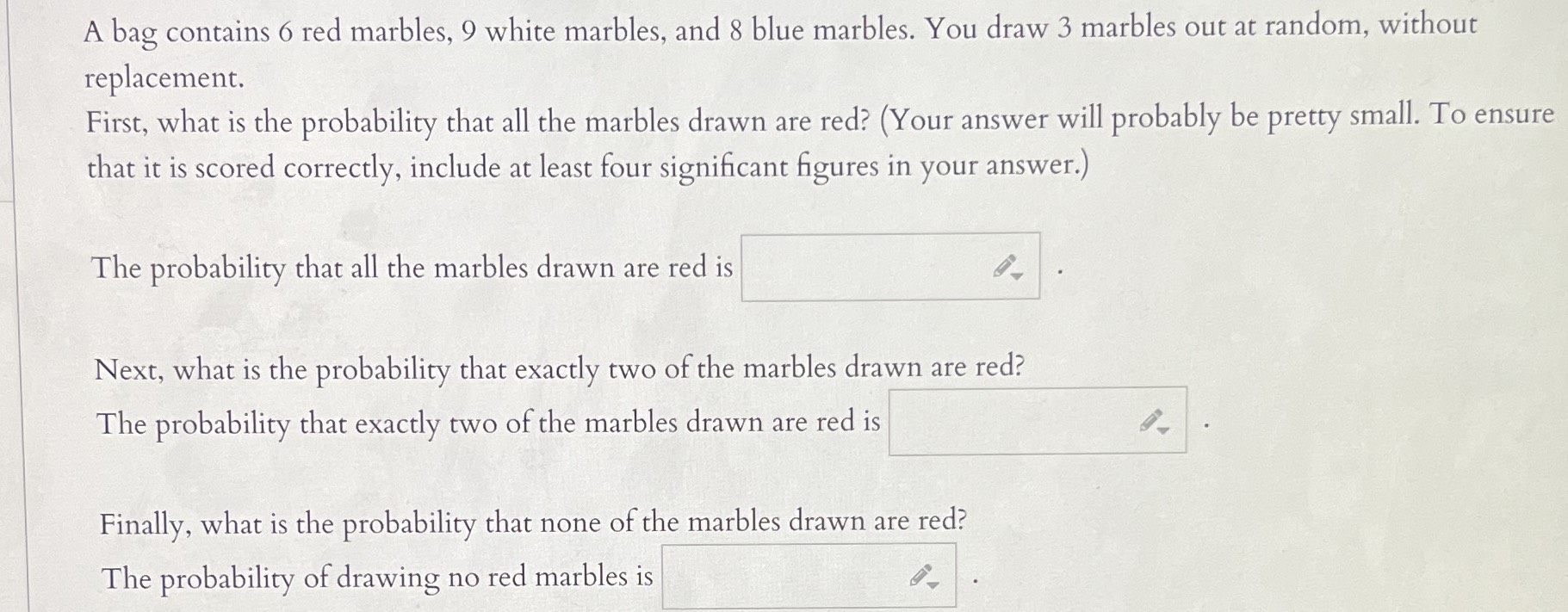 A bag contains \( 6 \) red marbles, \( 9 \) white CameraMath