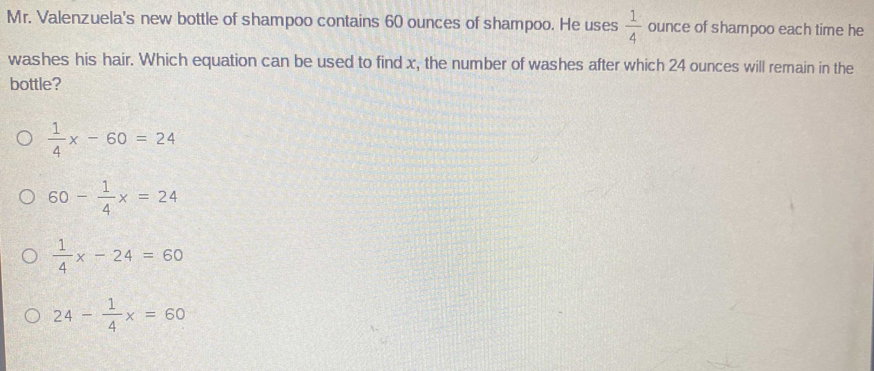 Mr. Valenzuela's new bottle of shampoo contains \(...