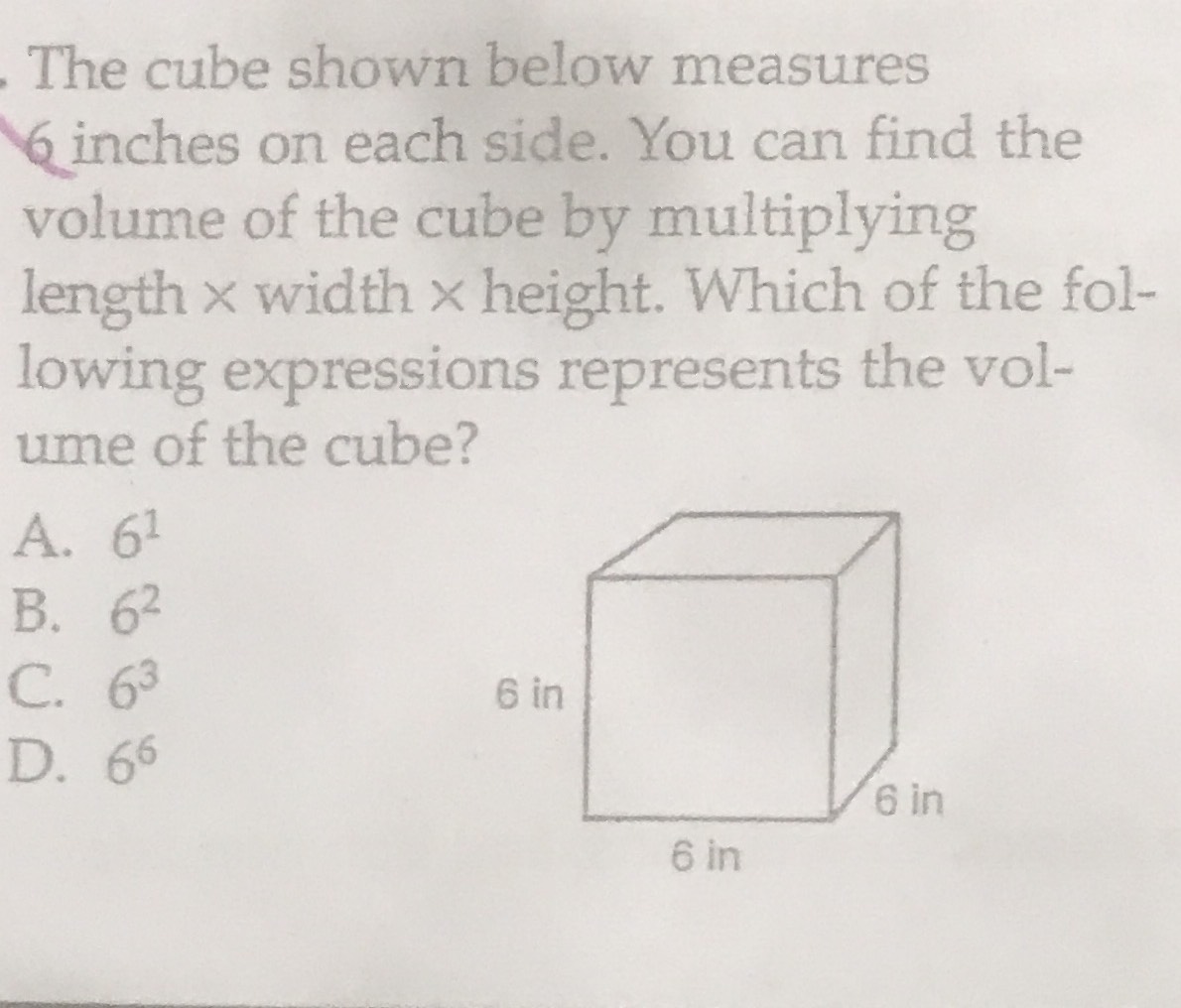 The cube shown below measures \( 6 \) inches on ea - CameraMath