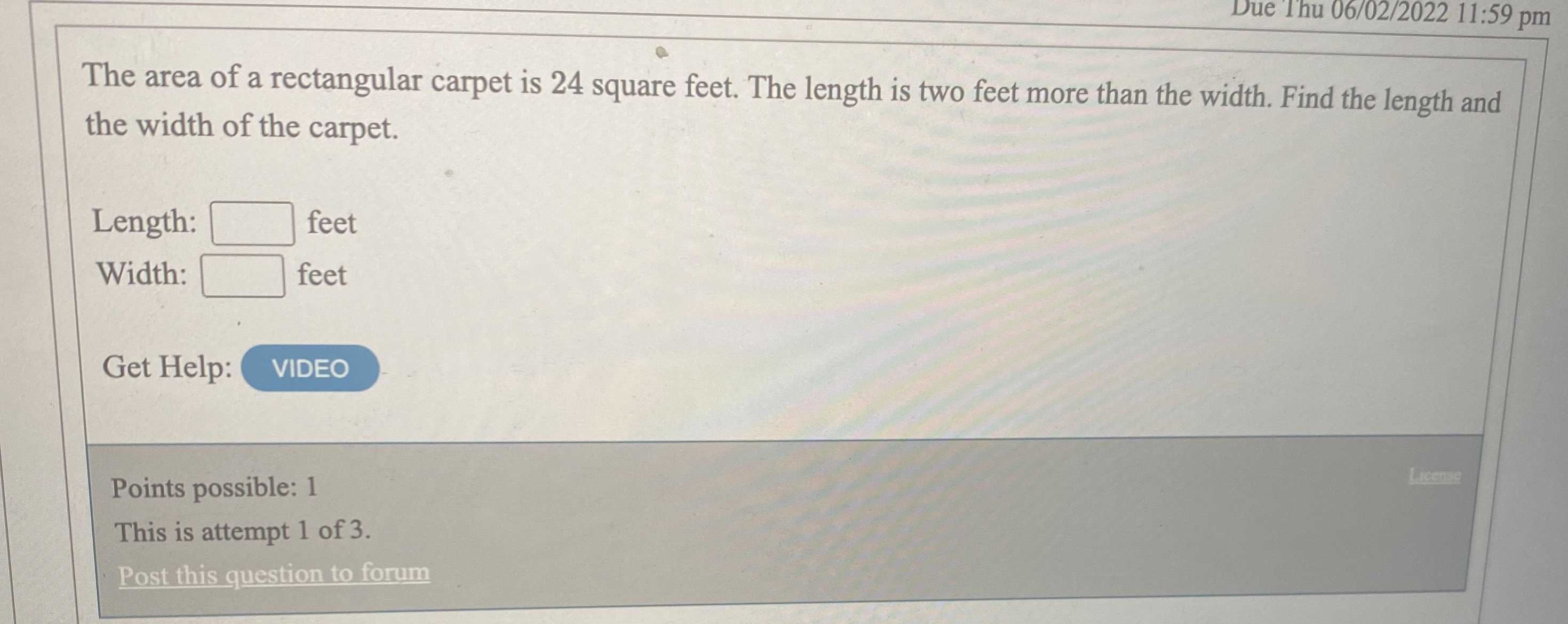 The area of a rectangular carpet is \( 24 \) squar... CameraMath