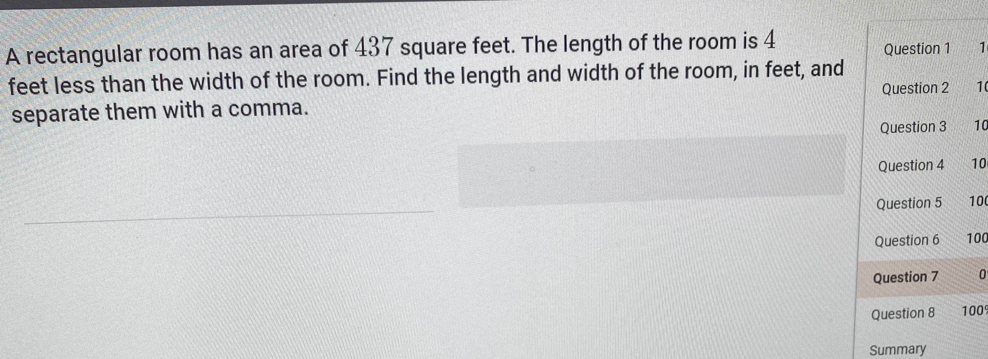 A rectangular room has an area of 437 square feet. The length of the