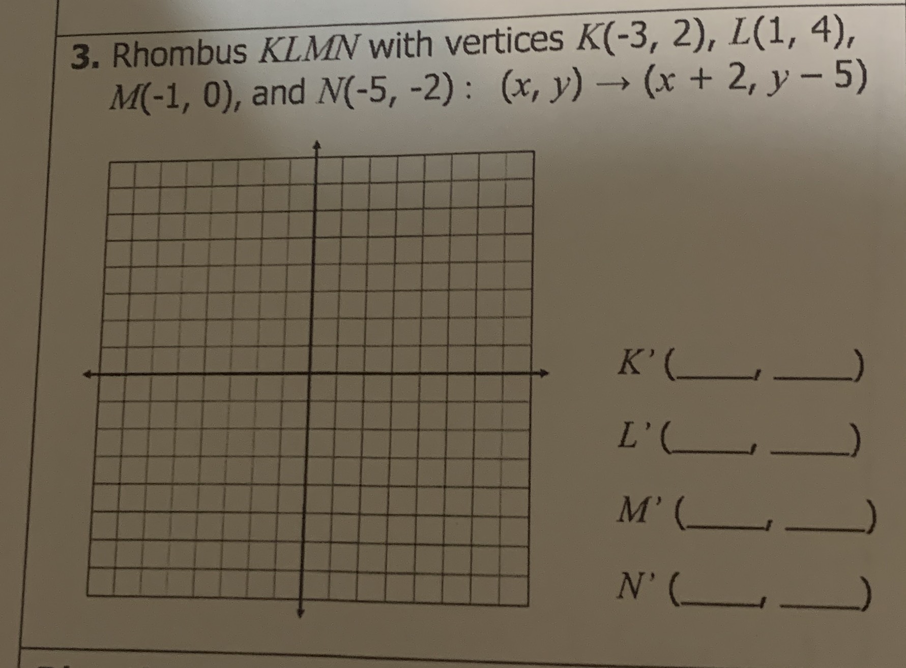 Rhombus KLMN with vertices \( K ( - 3,2 ) , L ( 1,...