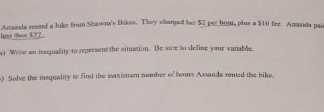 Amanda rented a bike from Shawra's Bikes. They cha...