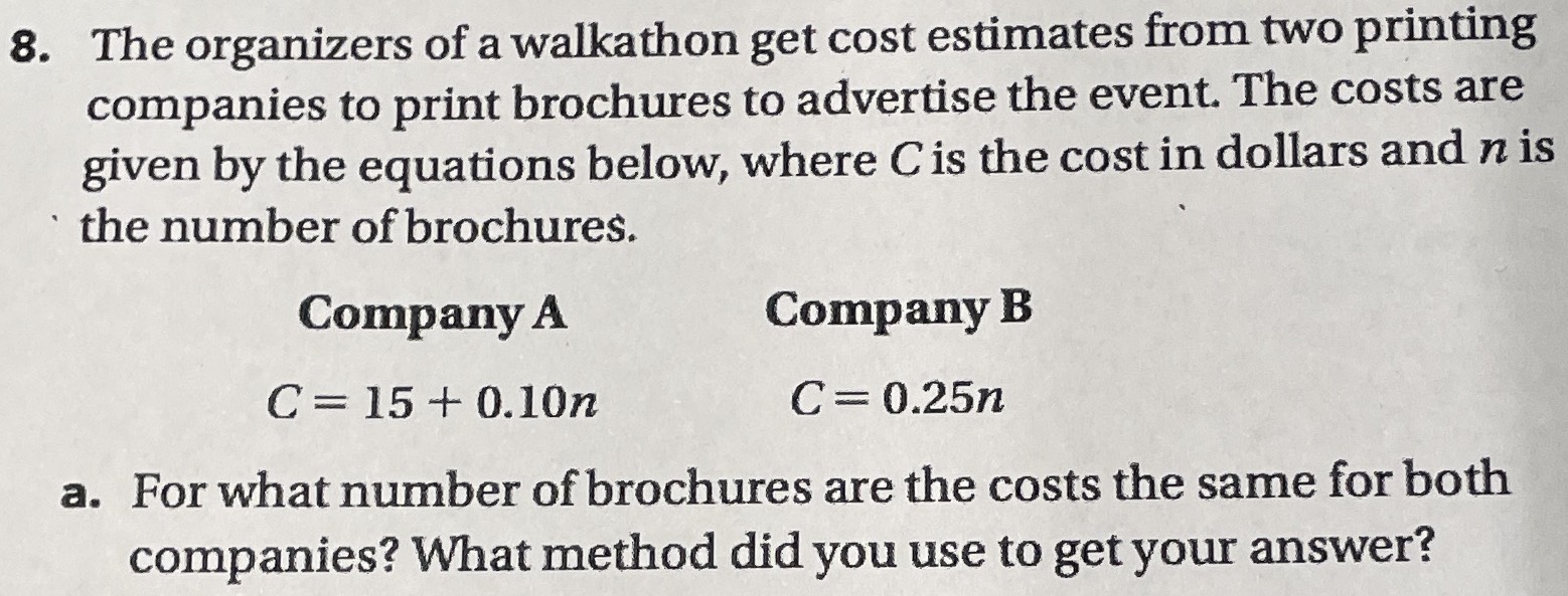 8. The organizers of a walkathon get cost estimate...