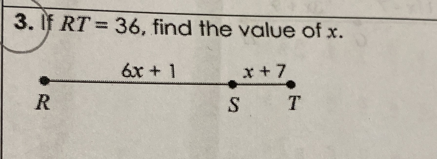 If \(\mathrm{RT}=36\), find the value of \(x\).