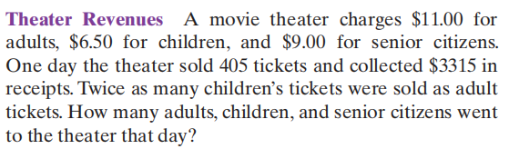 A movie theater charges \( \$ 11.00 \) for adults,...