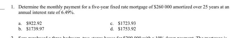 1. Determine the monthly payment for a five-year f...