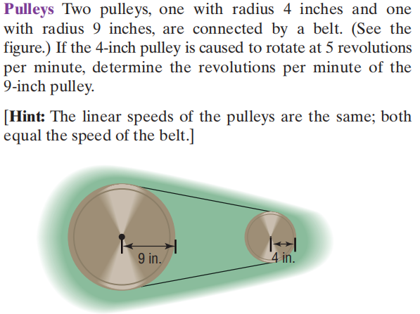 Pulleys Two pulleys, one with radius \( 4 \) inche...
