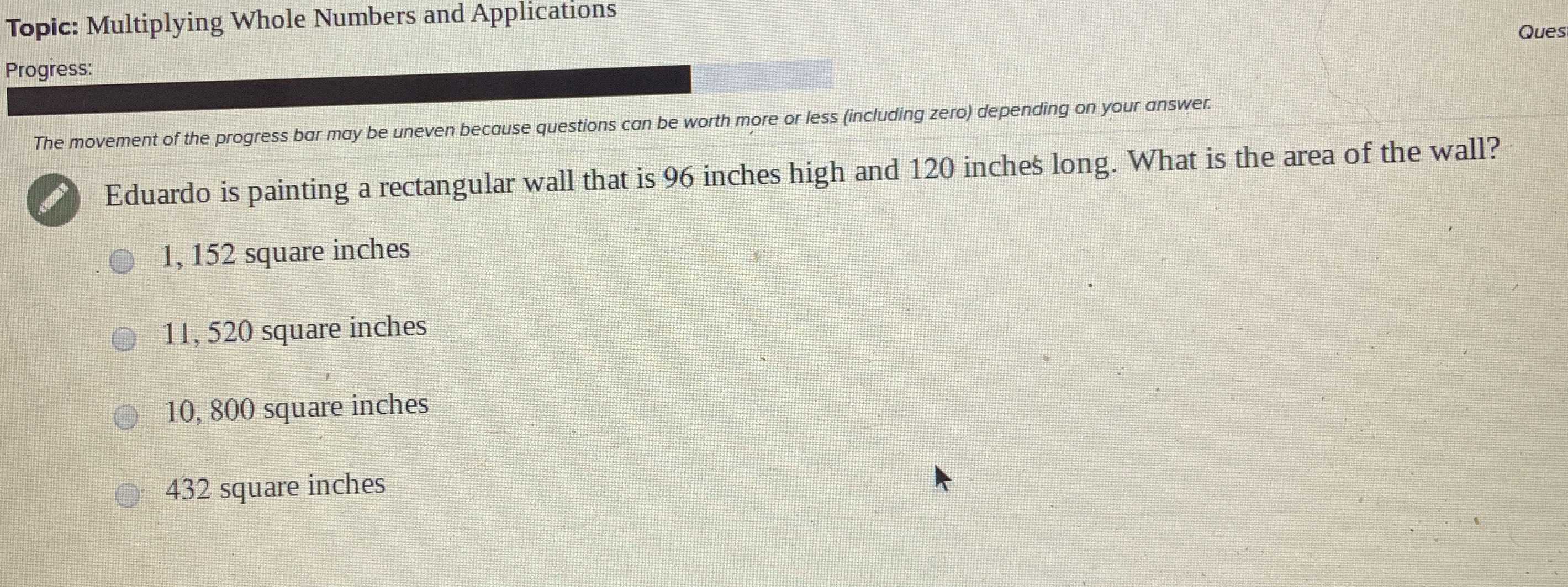 Eduardo is painting a rectangular wall that is 96 inches high and 120