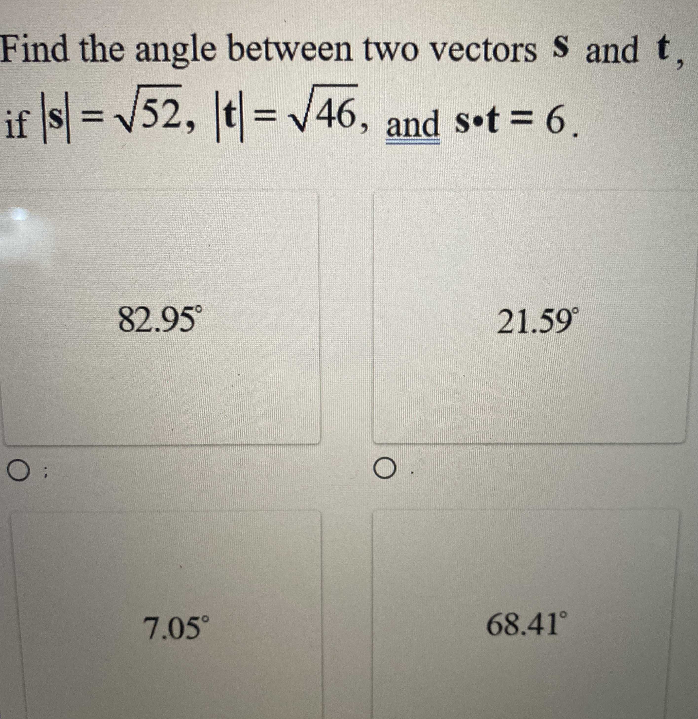 Find the angle between two vectors \( s \) and \( CameraMath